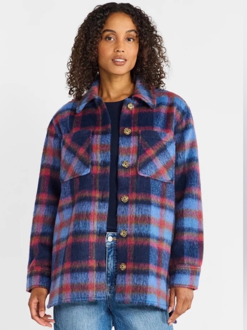 Plaid Button-Up Shacket in Navy, Blue & Red